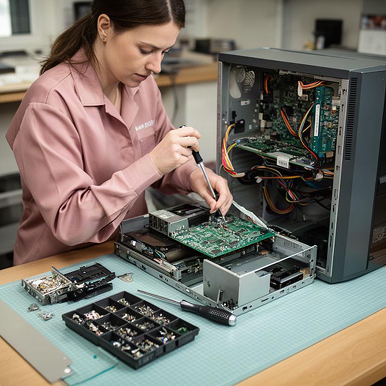 Técnica realizando mantenimiento preventivo en un equipo electrónico de sobremesa