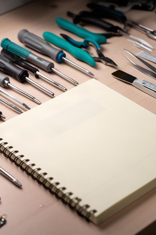 Herramientas de precisión colocadas junto a una libreta de trabajo en un taller