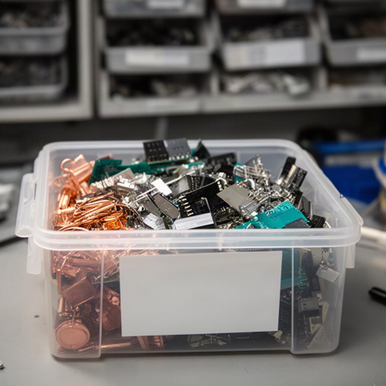 Caja de componentes electrónicos etiquetada en una estantería de reparación