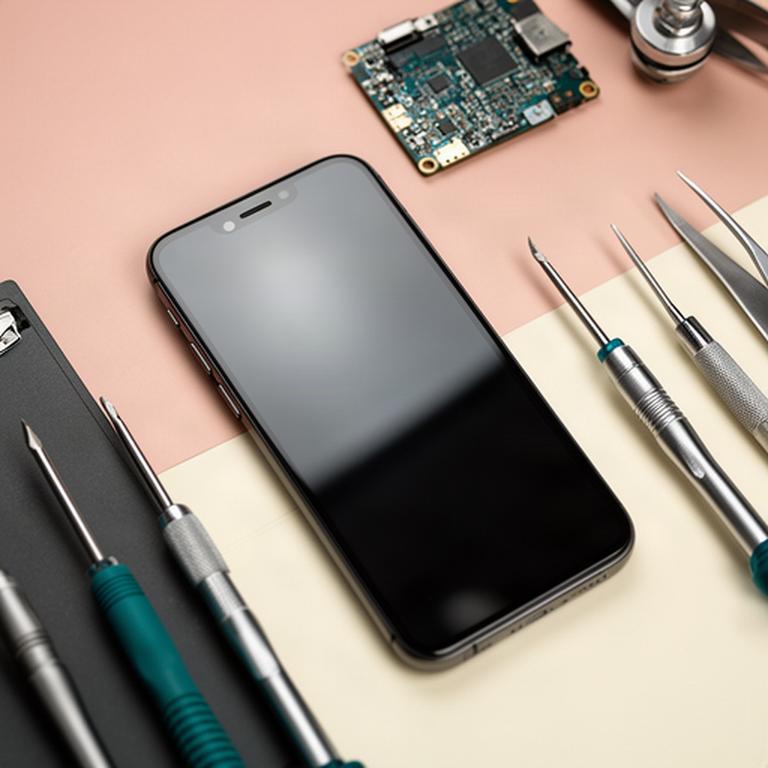 Teléfono móvil sobre una mesa de trabajo junto a herramientas de reparación electrónica